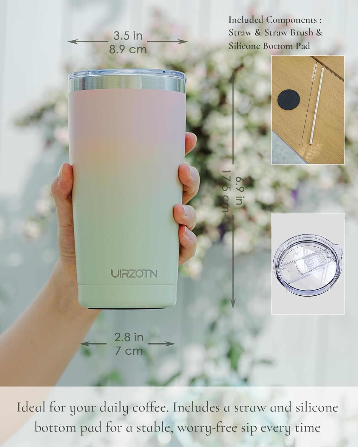 Travel Coffee Tumbler 20oz, Leakproof Travel Coffee Mug with Lid and Straw, Stainless Steel Double Wall Vacuum Insulated Tumbler for Hot/Iced Drinks (Textured Matte, Soft Pink-Mint Green Fade)