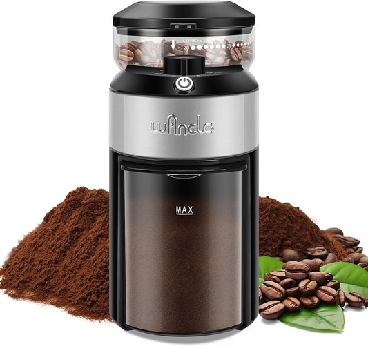 Wancle Burr Coffee Grinder Flat Burr Coffee Grinder with 28-Setting, Precise Grinding with 2-12 Cup Capacity, Easy to Clean, Compact and Space-Saving Design