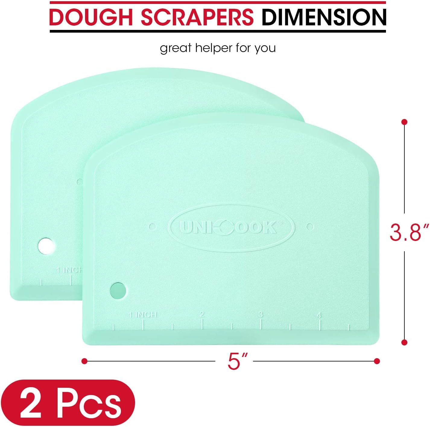 Unicook Dough Scraper Cutter, Flexible Plastic Bench Scraper for Baking Pizza/Pastry/Cake, Multipurpose Baking Tools with Measuring Scale, 2 Pack