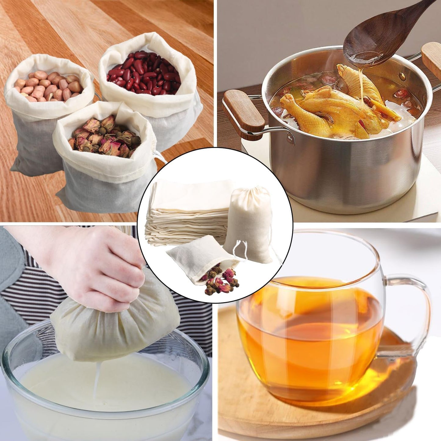 Eketirry Spice Bags, 20pcs Reusable Empty Tea Bags, Muslin Strainer Bags, Soup Bags for Cooking, Natural Cotton Fine Mesh Cheesecloth Bags for Cold Brew Coffee(4 x6Inch)