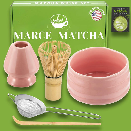 Marce Matcha Whisk Set- Matcha Set includes Matcha Bowl, Sifter, Holder and Scoop- The Perfect Bamboo Whisk for Matcha Tea (Pink)
