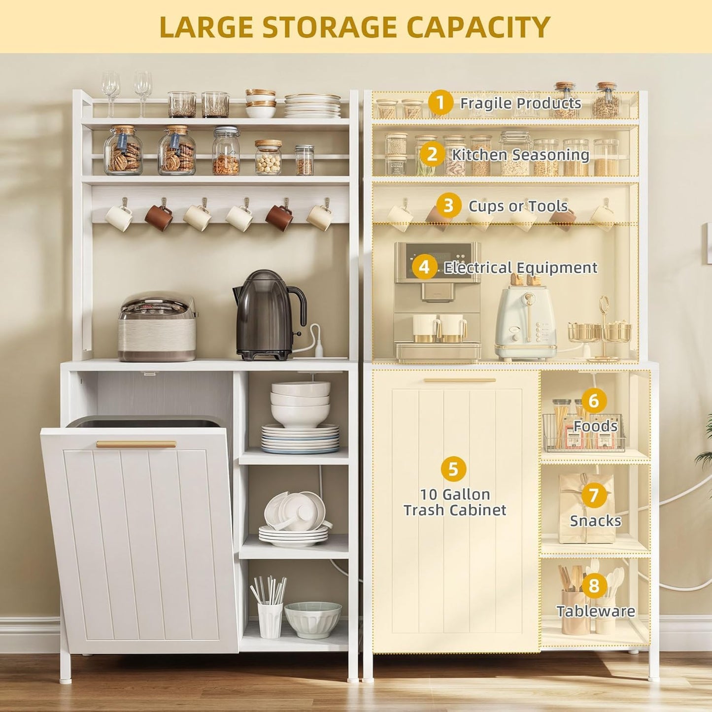 YITAHOME Bakers Rack with Storage Microwave Stand with Trash Can Bin Cabinet and Power Outlet 6-Tiers Coffee Stand Large Microwave Table for Kitchen Dining Room Living Room White