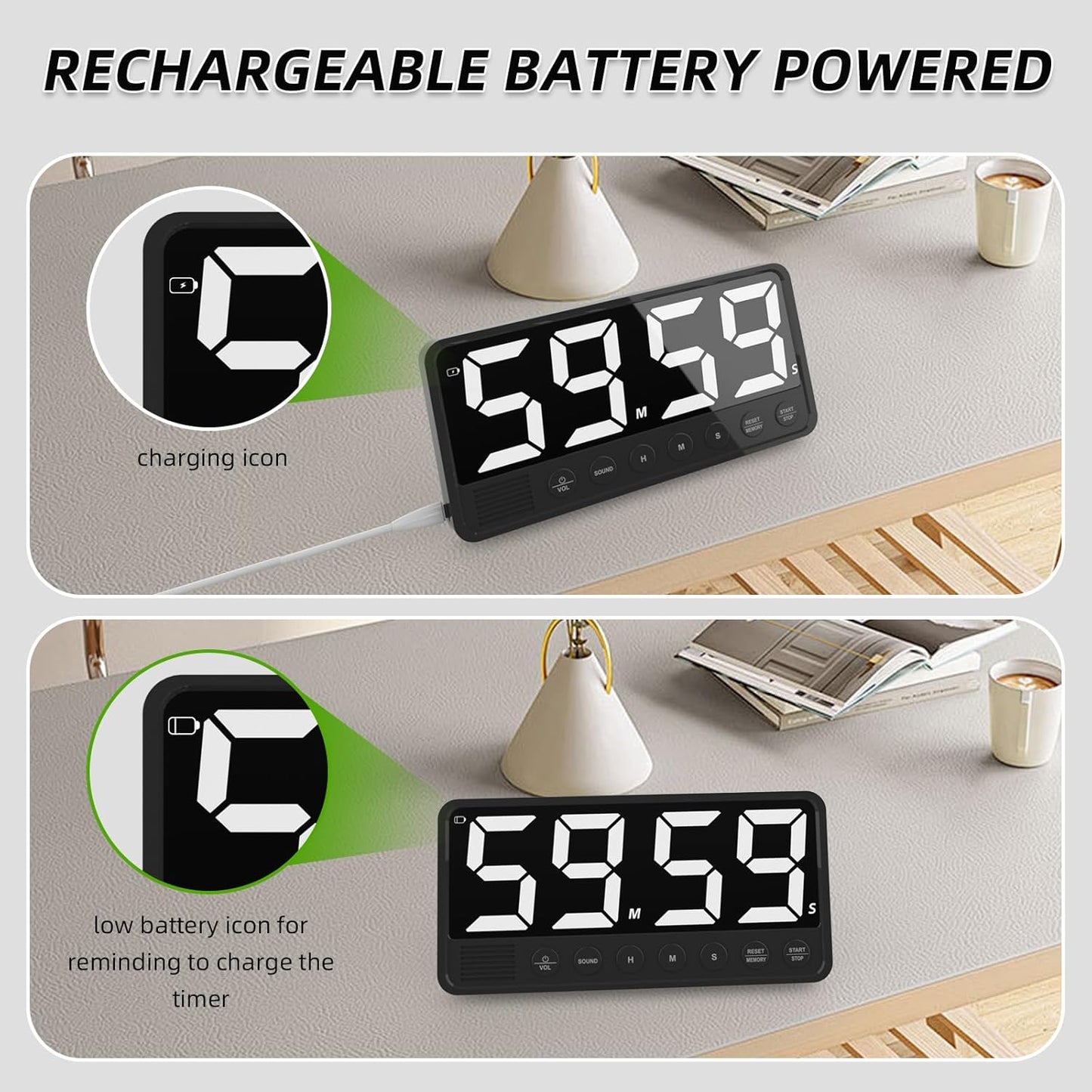 Extra-Large Display Digital Kitchen Timer with 7.4” LED Screen, 6 Alarms & 4 Volume Levels, 3 Memory Presets, Magnetic Stand Rechargeable Count Down/Up Timer for Cooking Home Gym, Black