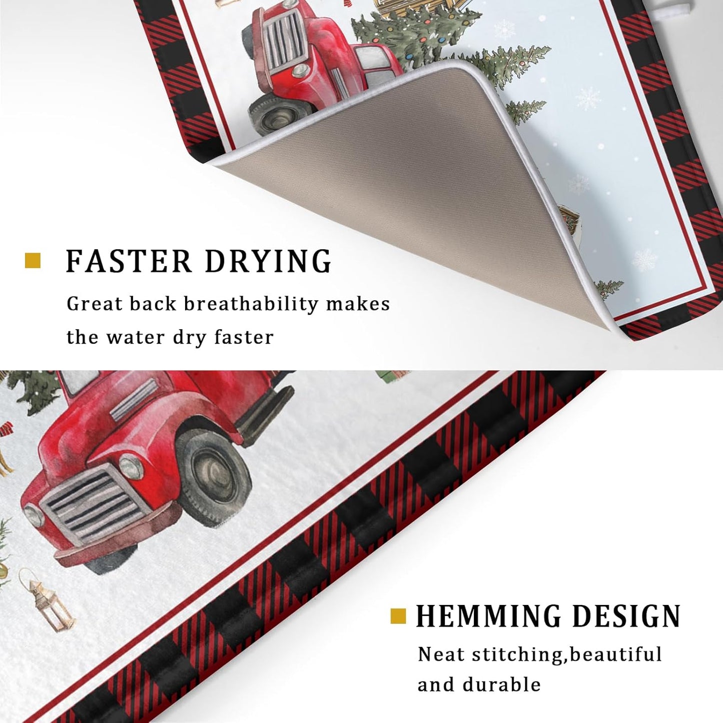 Giwawa Christmas Truck Dish Drying Mat 18x24 inch Large Winter Snowman Xmas Trees Snow Farm Dish Drainer Mats Red Black Buffalo Plaids Absorbent Dish Drying Pad for Kitchen Countertop Decor