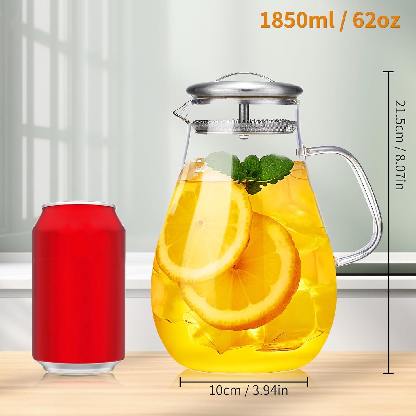 68OZ Glass Pitcher with Lid and Spout, Water Jug, 2000ML Carafe for Hot/Cold Water, Large Iced Tea Pitcher for Coffee, Juice and Homemade Beverage