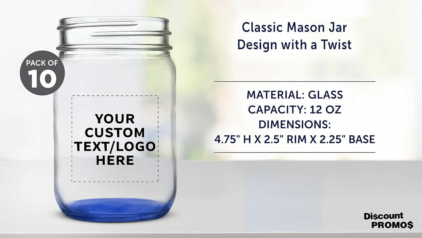 DISCOUNT PROMOS Custom Decorating Mason Jars 12 oz. Set of 10, Personalized Bulk Pack - Glass Jars for Overnight Oats, Candies, Fruits, Pickles, Spices, Beverages - Blue