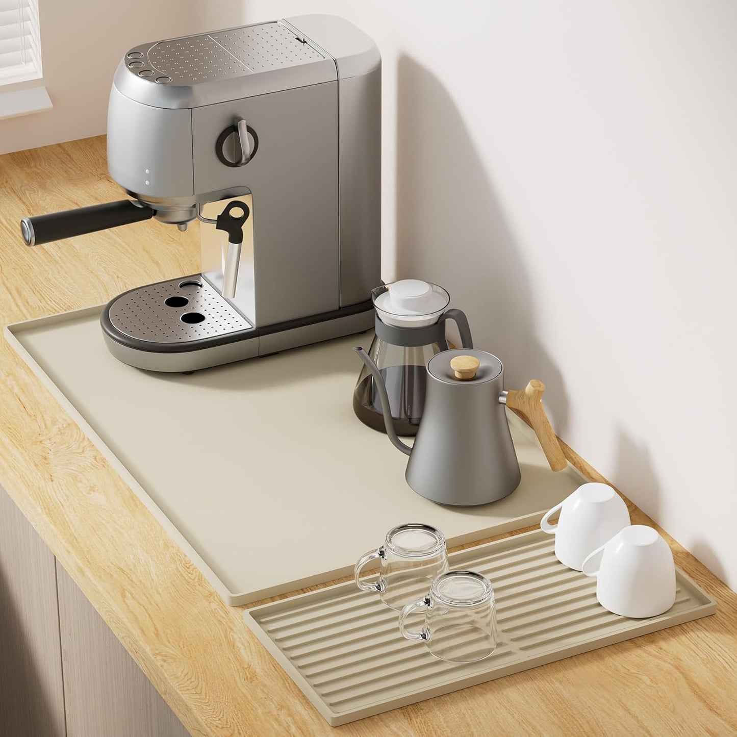 Golener Silicone Coffee Mat Set - 24" x 16" Coffee Bar Mat for Countertop, Kitchen Station Pad Accessories Fit Under Cafe Maker Espresso Machine, Dish Drying Mat, Heat Resistant Kitchen Pad, Beige