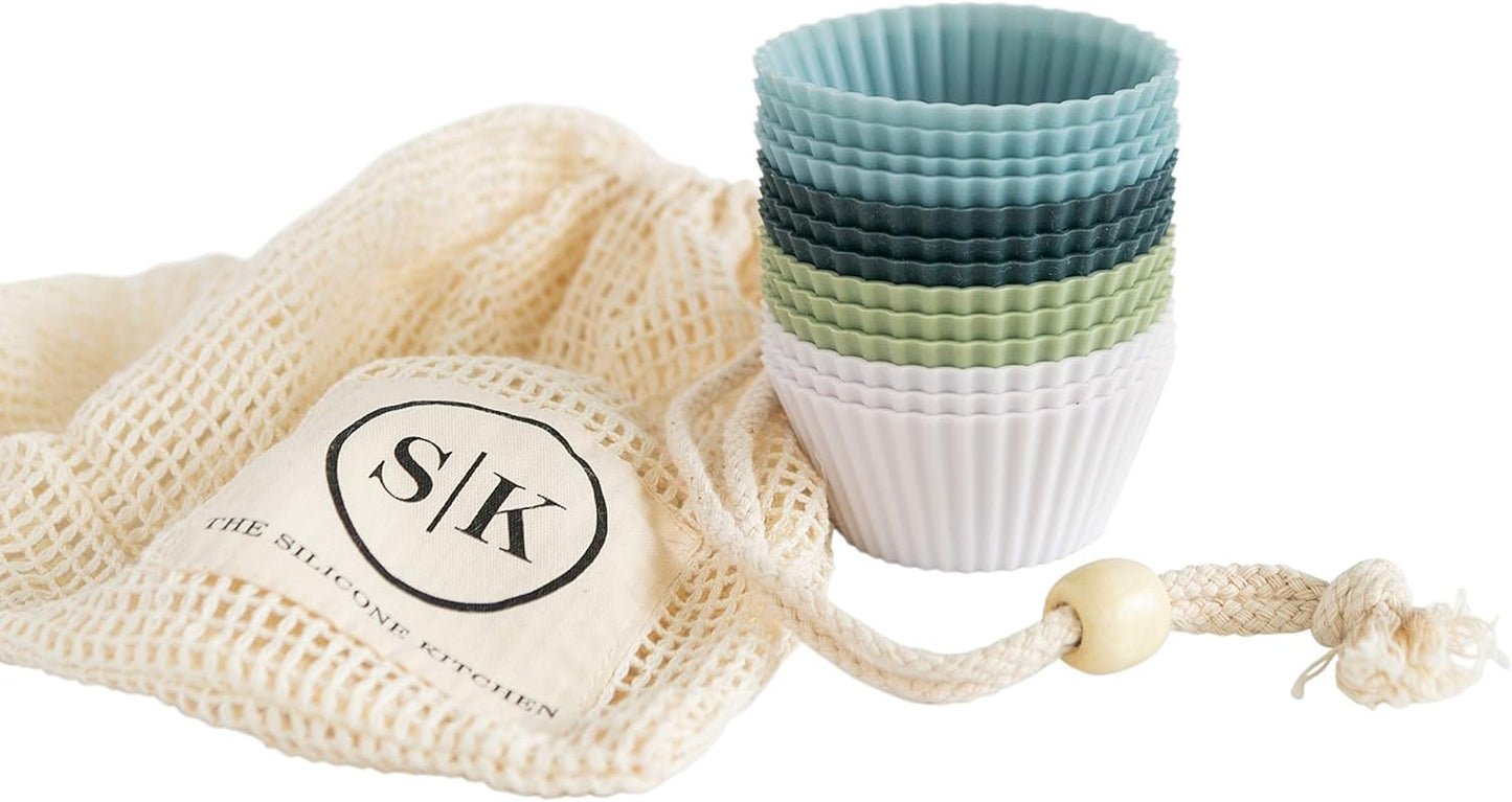 The Silicone Kitchen Reusable Silicone Baking Cup Silicone Muffin Liners for Cupcakes, BPA Free, Regular, 12 Pack, White Blue Green