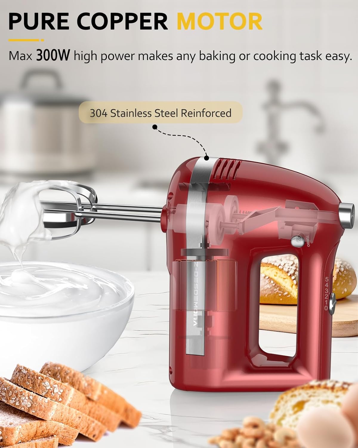Electric Hand Mixer, Powerful 300W Hand Mixer Electric Handheld with 304 Beaters, Dough Hook, Hand Held Mixer with Turbo for Baking Cakes, Eggs, Cream Food(Red)