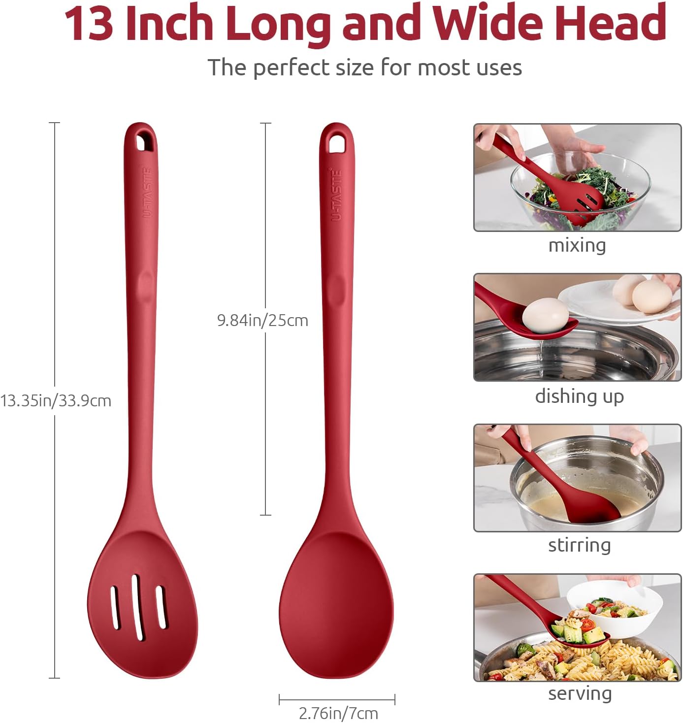 600ºF Heat Resistant Silicone Spoons: U-Taste 13.3in Solid & Slotted Kitchen Cooking Spoon, Nonstick Long Rubber Utensil, Sturdy for Mixing, Serving, Stirring, Frying, Draining (Red, 2PCS)