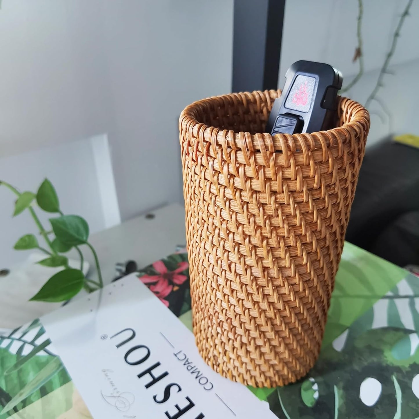 Handmade High Wall Rattan Pen Cup,Tea Items Desk Holder,Wicker Pencil Décor Holder Flower Vase For Dry Flower,Rustic Makeup Brushes Holder Stand, Table Loose Items Organizer (High Cylinder)