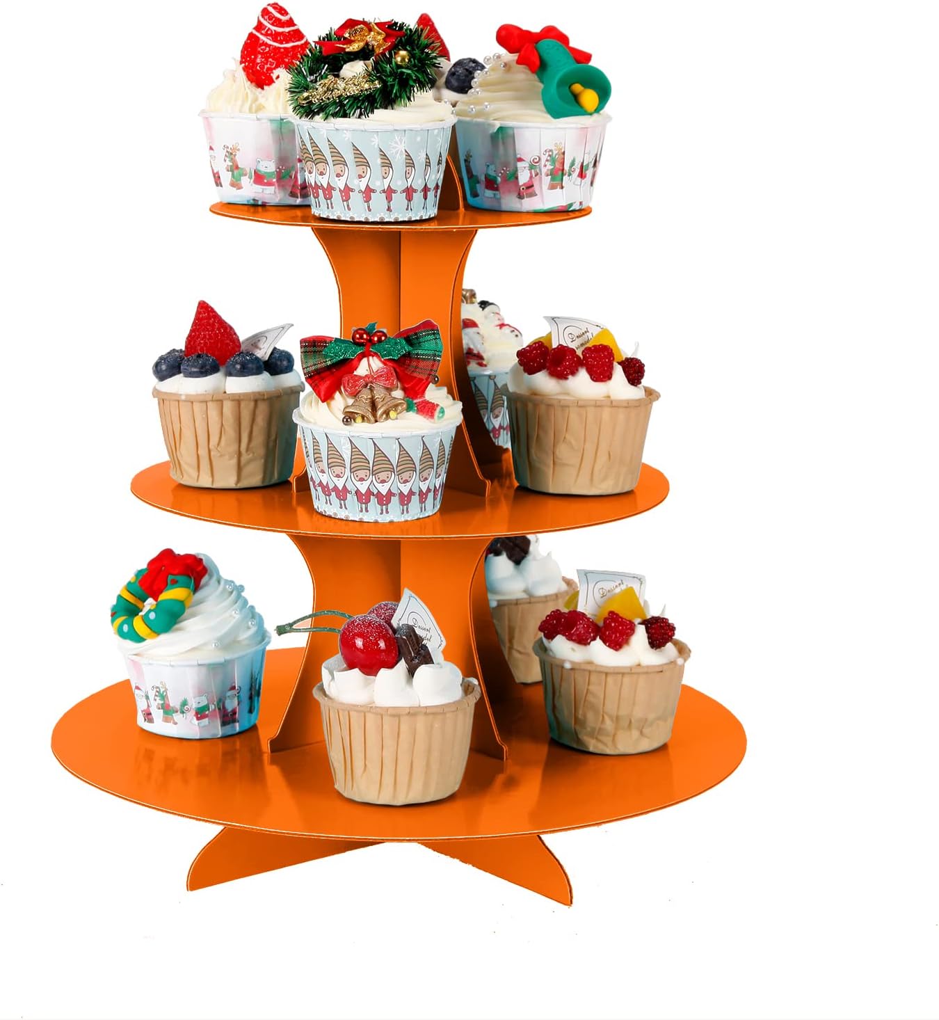 2Pcs 3-Tier Cupcake Stand, Cake Stand holder, Tiered DIY Cupcake Stand Tower for Dessert Table Displays, Birthday Theme Party Favors Decoration, Floral Tea Party, 12" W x 12.8" H, Orange