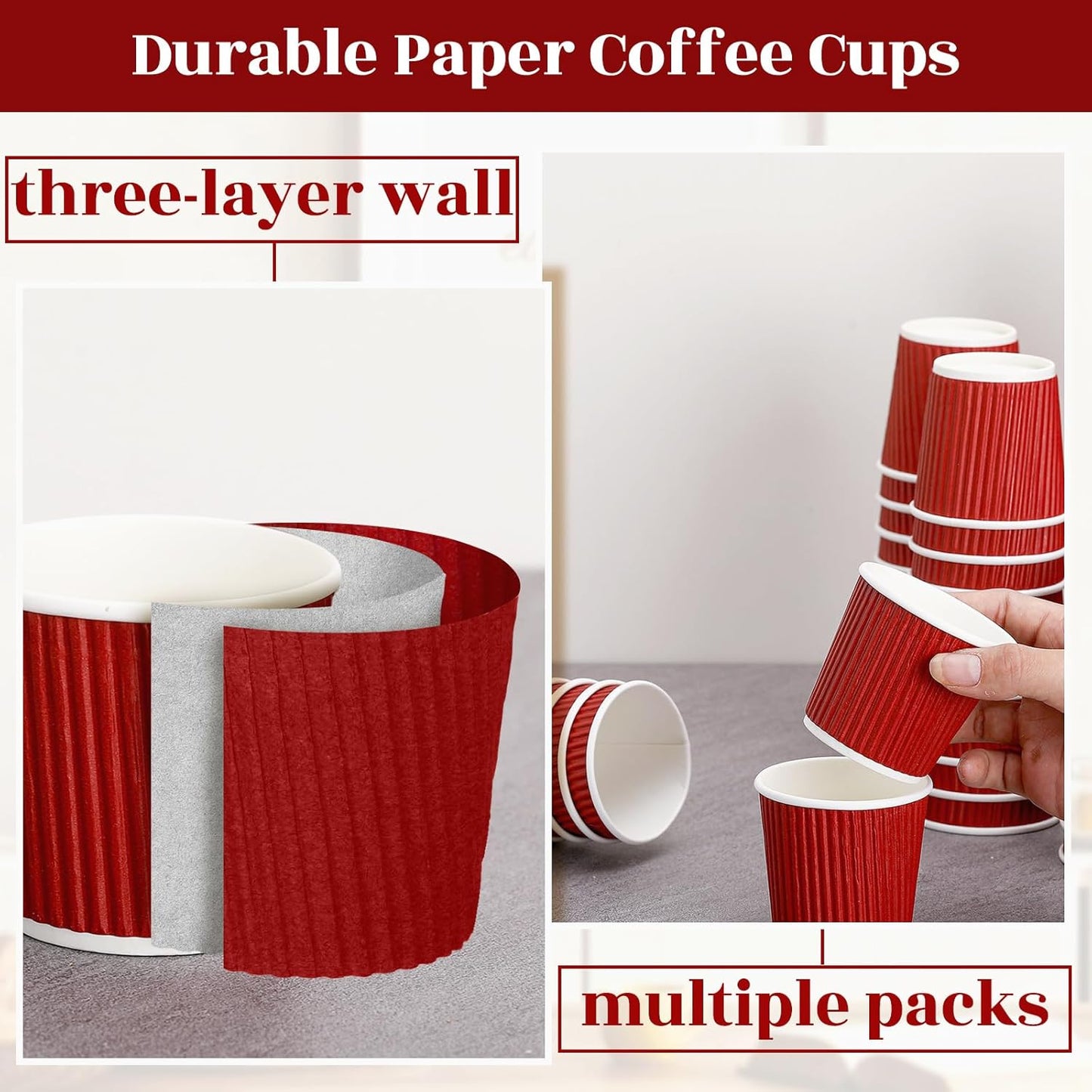 Yaomiao 200 Pcs 4 oz Disposable Espresso Coffee Cups Ripple Corrugated Paper Insulated Hot Cups for Party Cold Drinks Hot Beverage Tea(Red)
