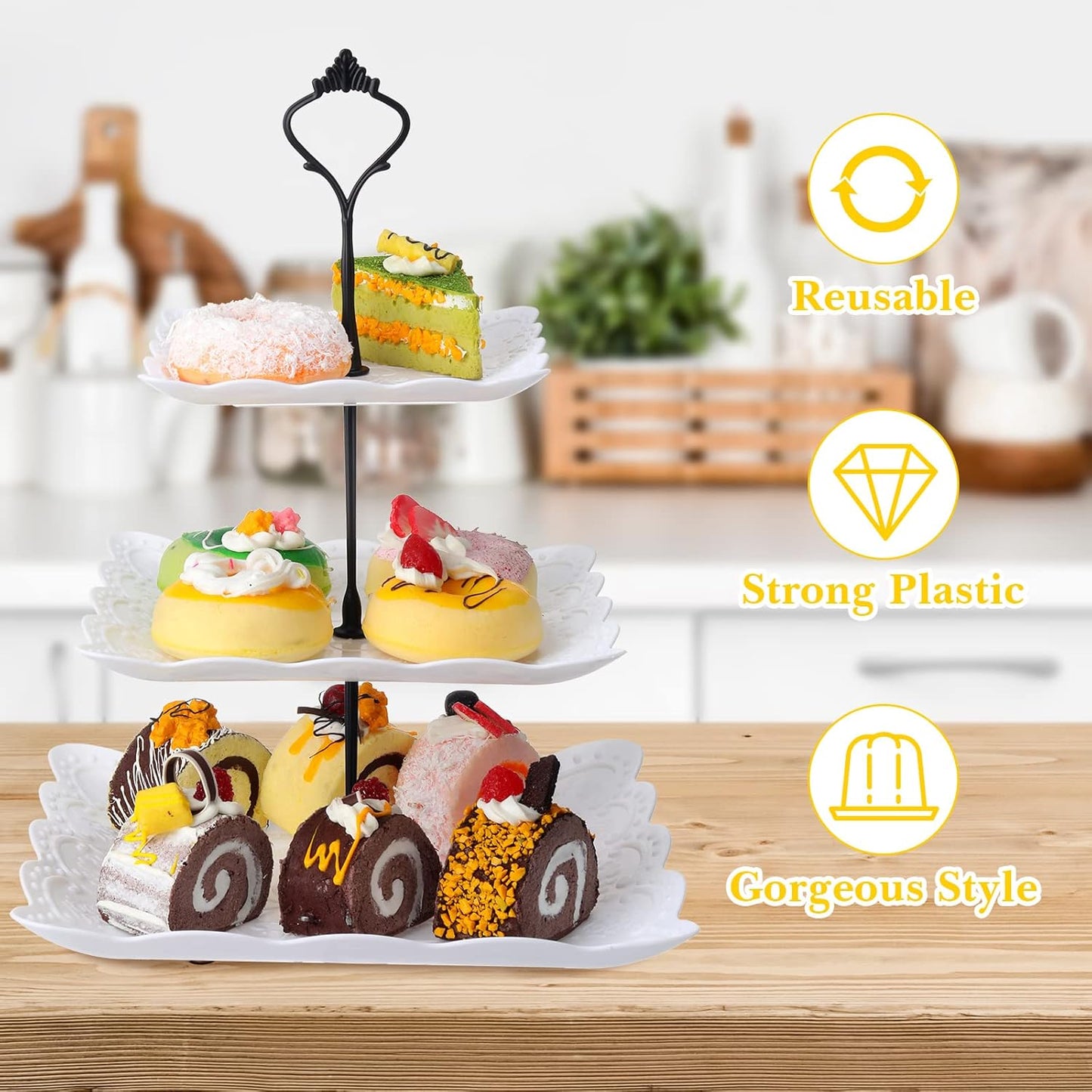 Sawysine 6 Pack 3 Tiers Dessert Stand Plastic Cupcake Stand Serving Trays Cupcake Display Stand Cookie Tray for Party and Platter for Home(Black)