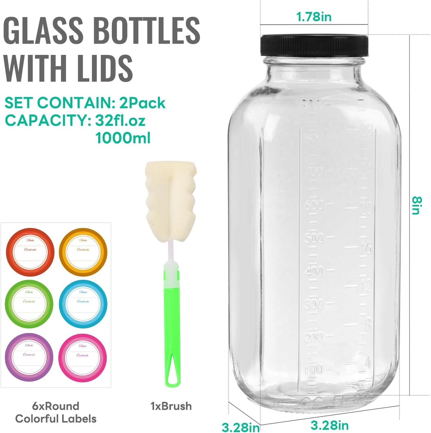 32 oz Glass Juice Bottles with Lids 2 Pack,Reusable Glass Drink Bottles,1000ml Water Drinking Jars for Milk,Juicing,Kombucha,Ginger,Beverage Glassware,Juice Drinking Jars