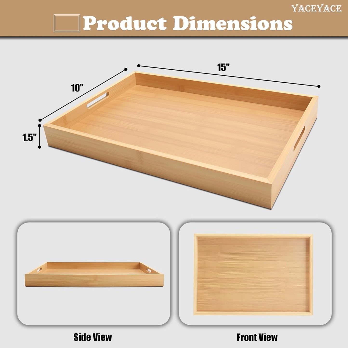 Serving Tray Decor, 15"x10"x1.5" Medium Bamboo Serving Tray for Bed, Home Decor, Food Tray for Coffee Table, Dining, Bar, Ottoman, Breakfast