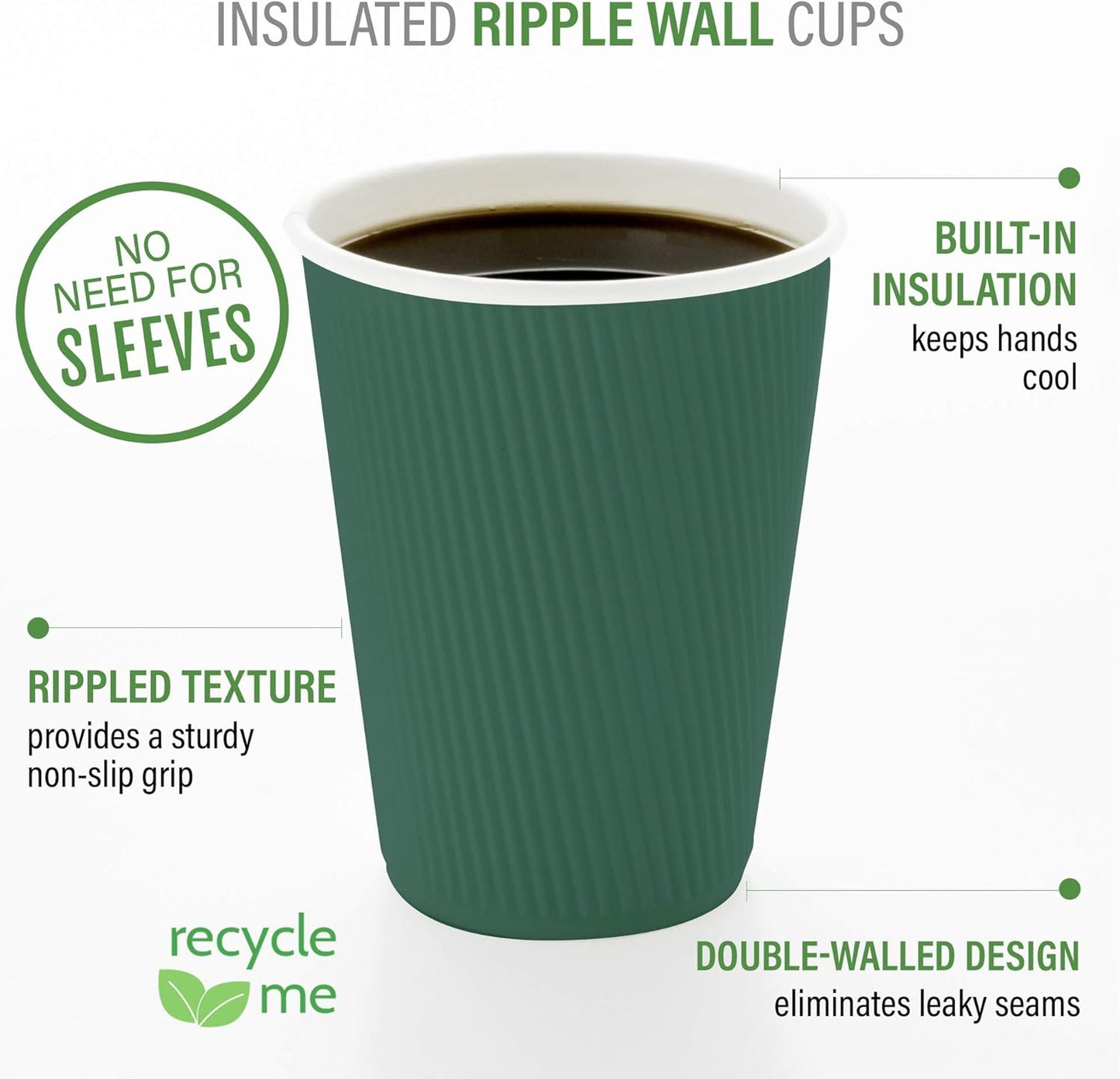 Restaurantware 8 Ounce Double Wall Disposable Coffee Cups, 500 Insulated Forest Green Paper Tumblers with Ripple Wall Design, Lids Sold Separately for Hot Drinks like Tea, Hot Chocolate and More