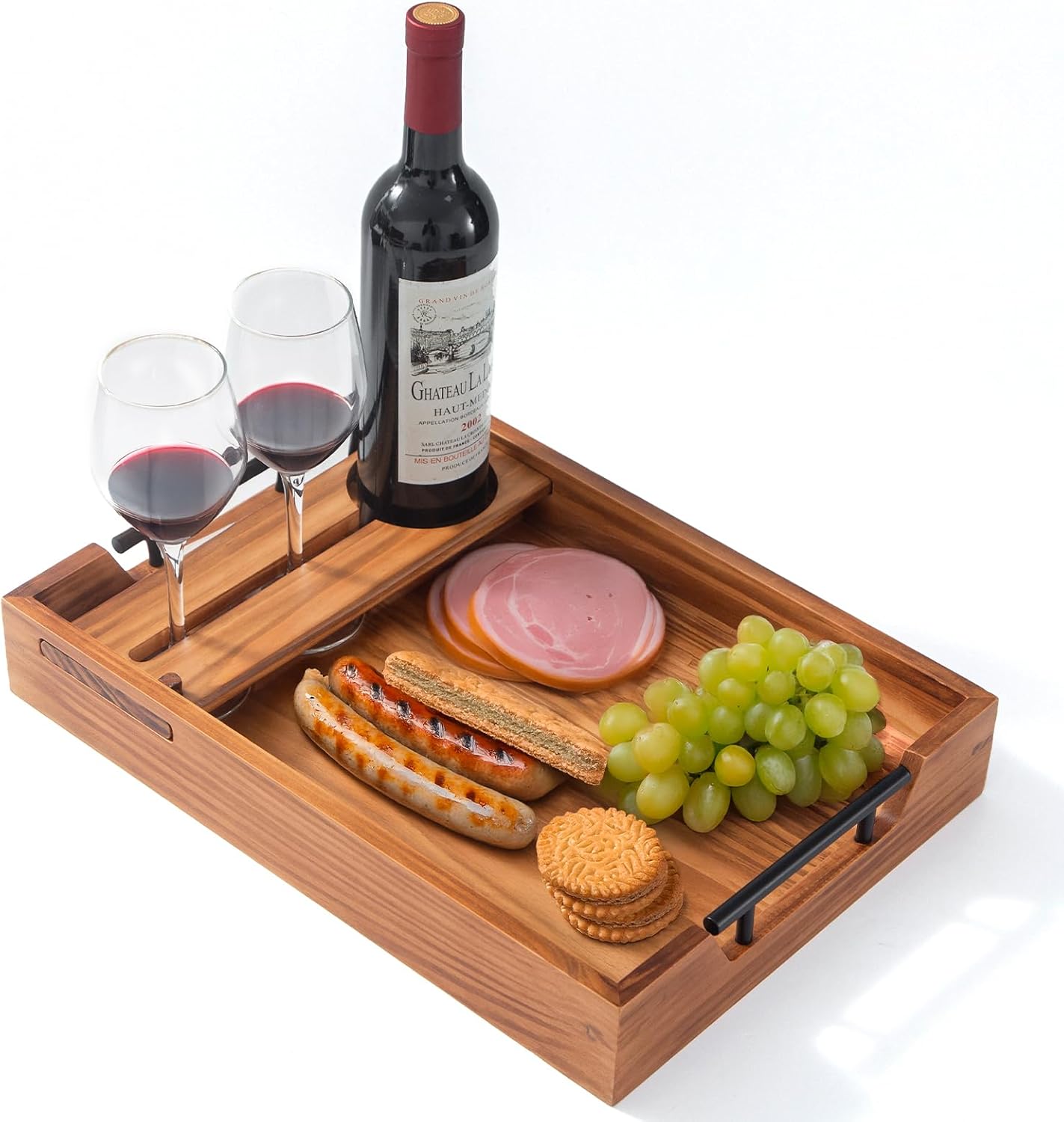 Serving Tray with Handles, 17"x12" Wooden Tray with Removable Wine Glass Holder Ottoman Tray Wood Serving Trays with Metal Handles for Breakfast, Dinner, Coffee Table, Food Drinks