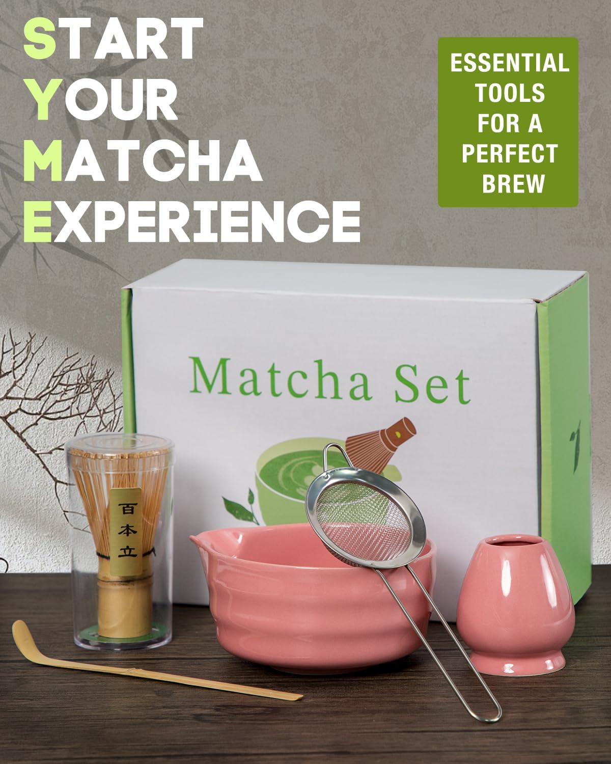 5PCS Matcha Set - 17OZ Ceremonial Bowl with Spout, Bamboo Whisk (Chasen), Stainless Sifter, Scoop & Holder, Matcha Kit for Matcha Lovers, Pink