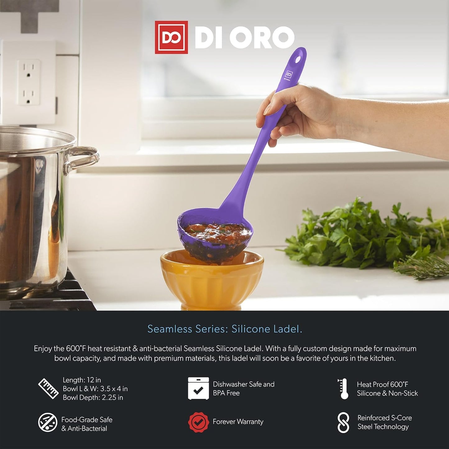 DI ORO Silicone Ladle – Soup Ladle for Cooking & Serving Heat-Resistant - Large Kitchen Ladle Nonstick Cookware Safe - Soup Serving Spoon with Wide Bowl - Silicone Utensil Dishwasher Safe (Lavender)