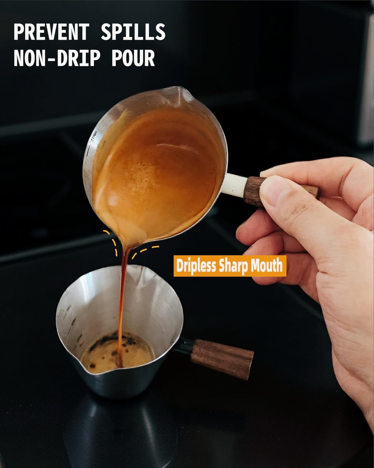 Stainless Steel Espresso Cup - Espresso Shot Cup with Wooden Handle -Measuring Cup with Double Spouts - 4.1OZ/120ML, White