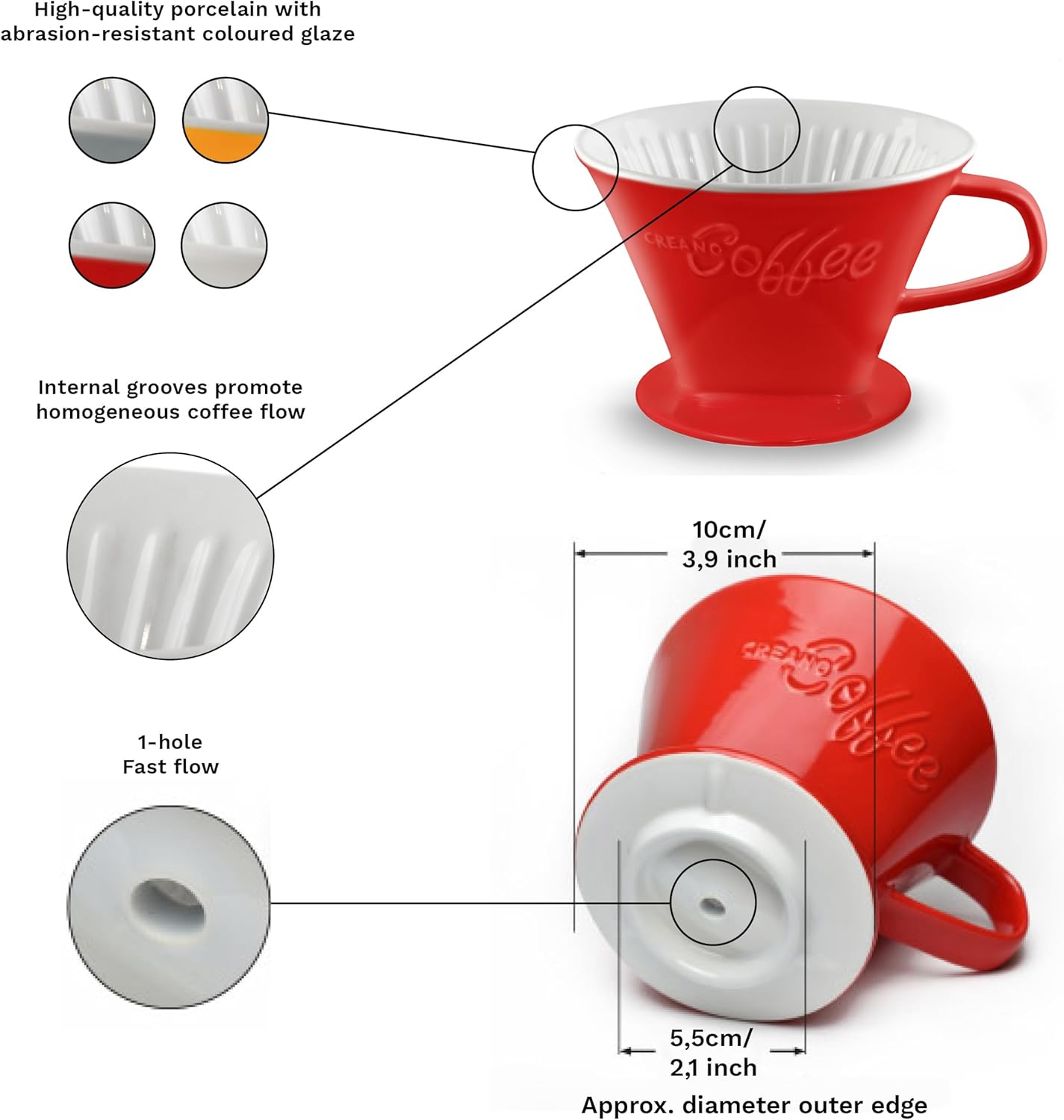 Creano Porcelain Coffee Dripper - White - Ceramic Cone Brewer - Pour Over Coffee Maker for Filter Bags Size 4 - Easy Manual Brew for pure taste - also for Camping, Hiking