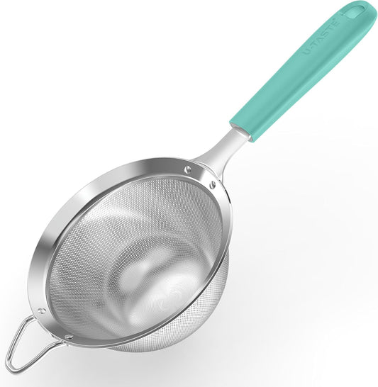 U-Taste Medium Fine Mesh Strainer: 18/8 Stainless Steel 4.73in 30 Mesh Kitchen Food Sieve with Sturdy Riveted Silicone Handle, Heavy Duty Deep Handheld Metal Colander for Rice, Quinoa, Flour(Aqua Sky)