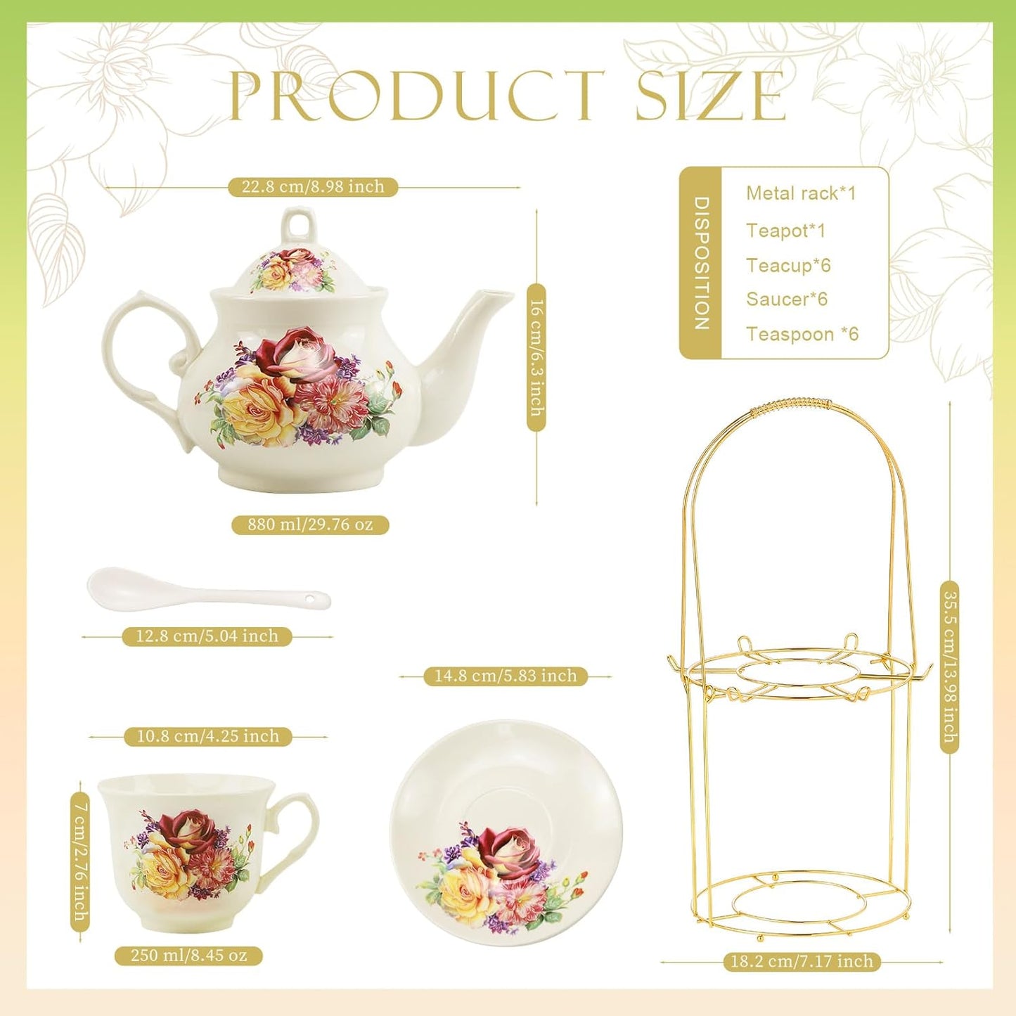 20-Pieces Porcelain Tea Sets For Women, Tea Set For Adult with Golden Metal Rack,Tea Gift Sets for Home&Party(013)