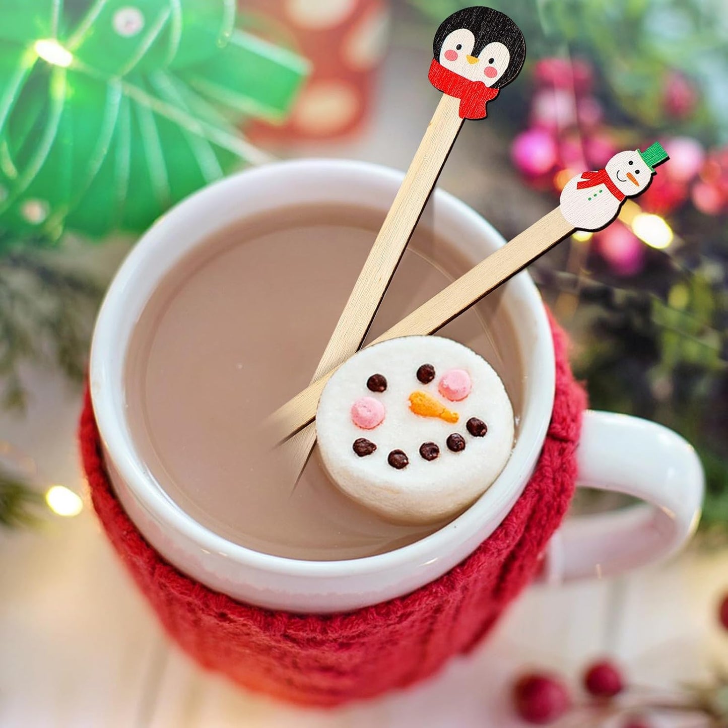 Mifoci 100 Pcs Christmas Wooded Coffee Stirrers Wood Cocktail Coffee Stir Sticks Disposable Stirring Sticks for Beverage Chocolate Hot Drink Party Supplies, 20 Styles (Vibrant Style)