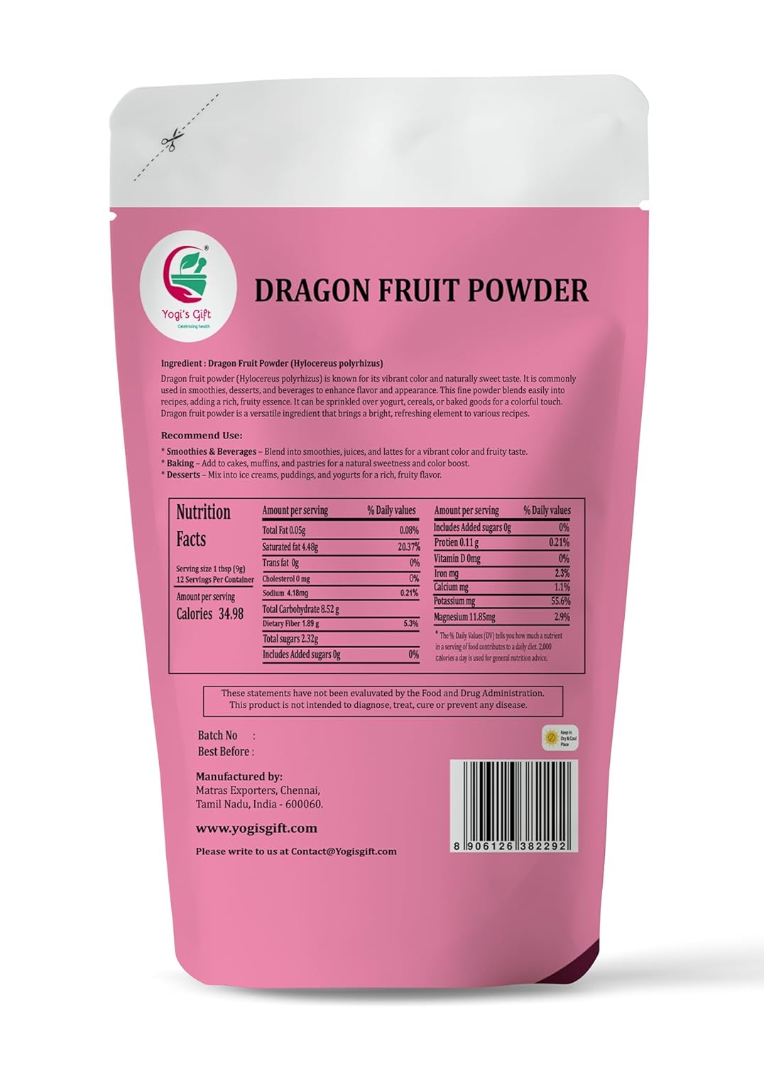 Dragon Fruit Powder 4oz, 100% Pure & Natural Pink Pitaya Powder, Premium Quality, For Smoothies, Baking, Tea, Natural Food Coloring and Flavoring - By Yogi’s Gift®