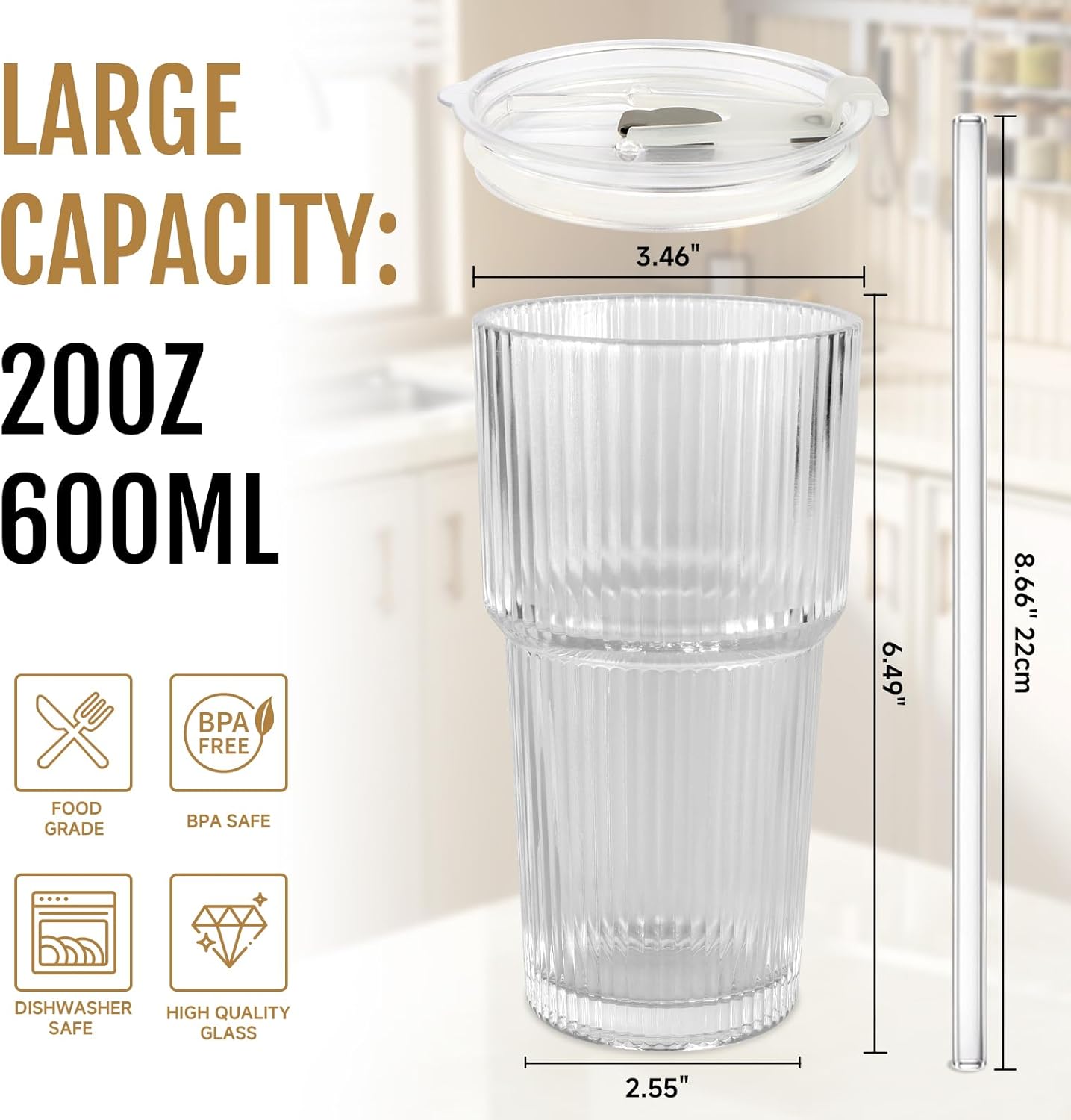 20oz Glass Cups with Lids and Straws, 4 Pack Vintage Ribbed Glass Tumblers for Iced Coffee, Smoothies, Thickened Wall Mason Jar Drinking Iced Coffee Cup