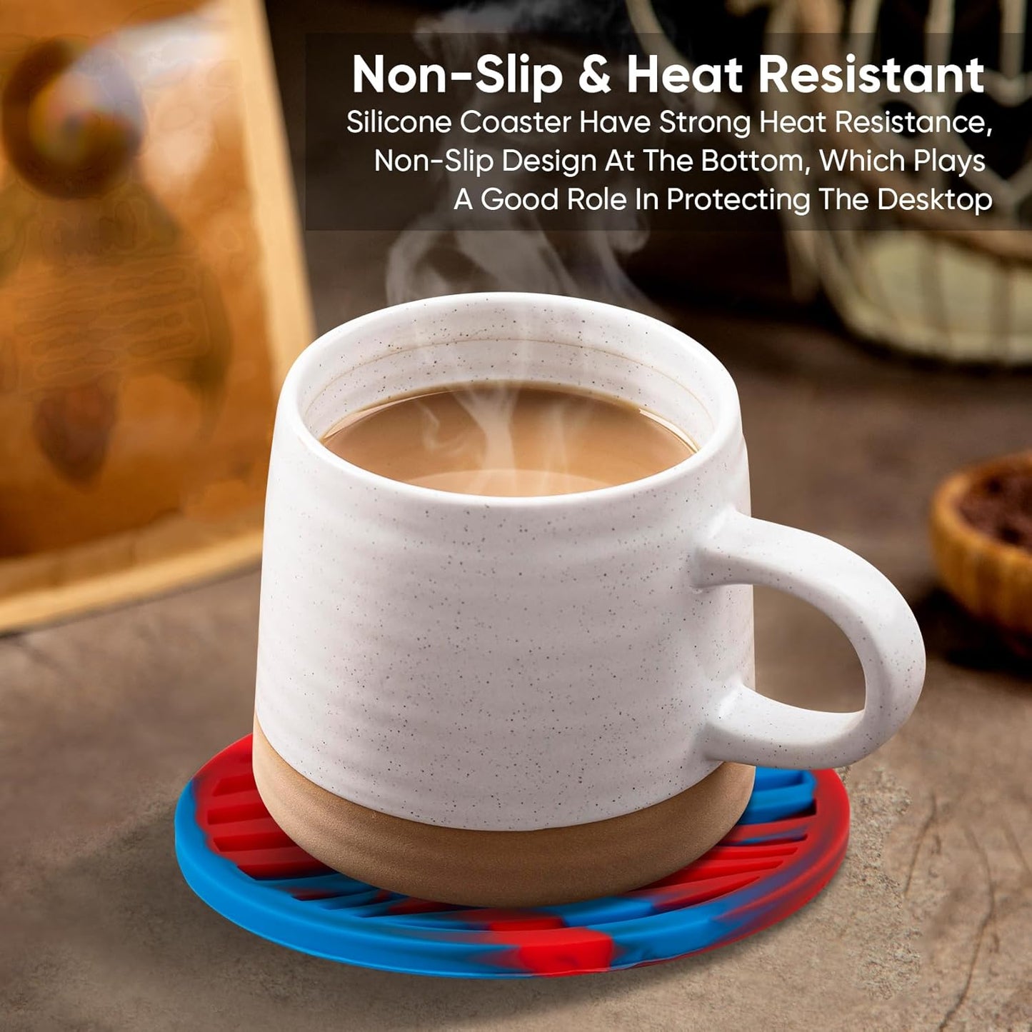 6 Pack Rubber Drink Coasters,Coasters for Drink with Holder,Silicone Cup Mat Non-Stick,Non-Slip,Thickened Live for Hot or Cold Drink(Blue Red)