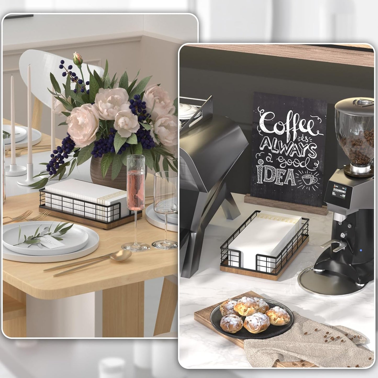 Wican Guest Towel Holder Tray for Bathroom, Oak and Iron Napkins Holder for Powder Room Dinning Table Wooden Basket for Disposable Paper Hand Towels Black and Brown