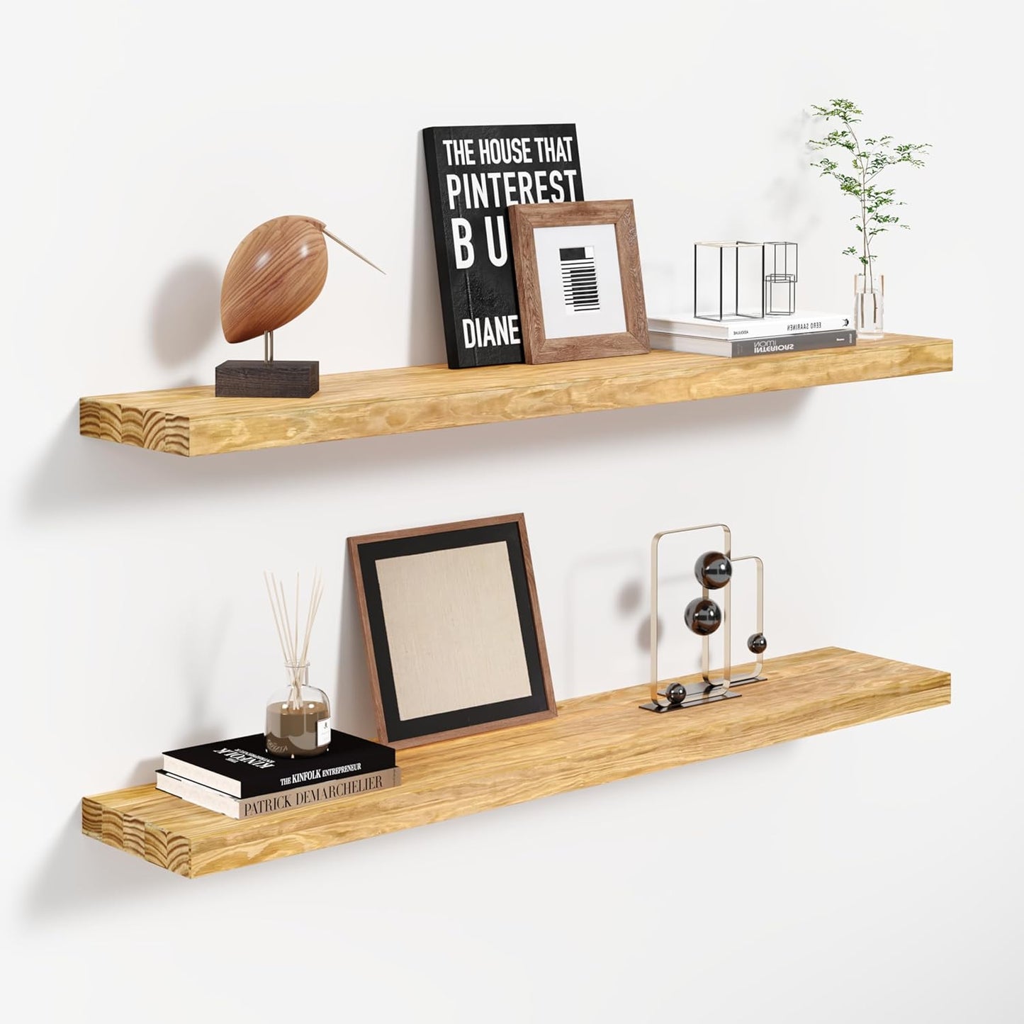 24'' Pine Wood Floating Shelves for Wall- Set of 2 - Rustic Wall Mounted Wooden Shelf for Stylish Home Décor - Natural Color - 24x6.5x1.25 Inches, 2pcs