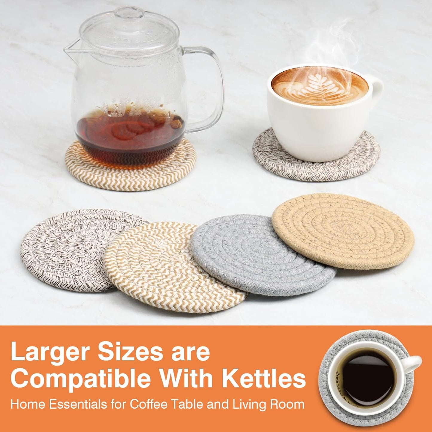 4.8" Cotton Drink Coasters Set of 2– Absorbent Fabric Mug Pads for Coffee, Tea & Drinks, Minimalist Desk & Nightstand Cup Mats, Durable Neutral Drink Coasters for Home, Office or Gift Use (Cloud Grey)