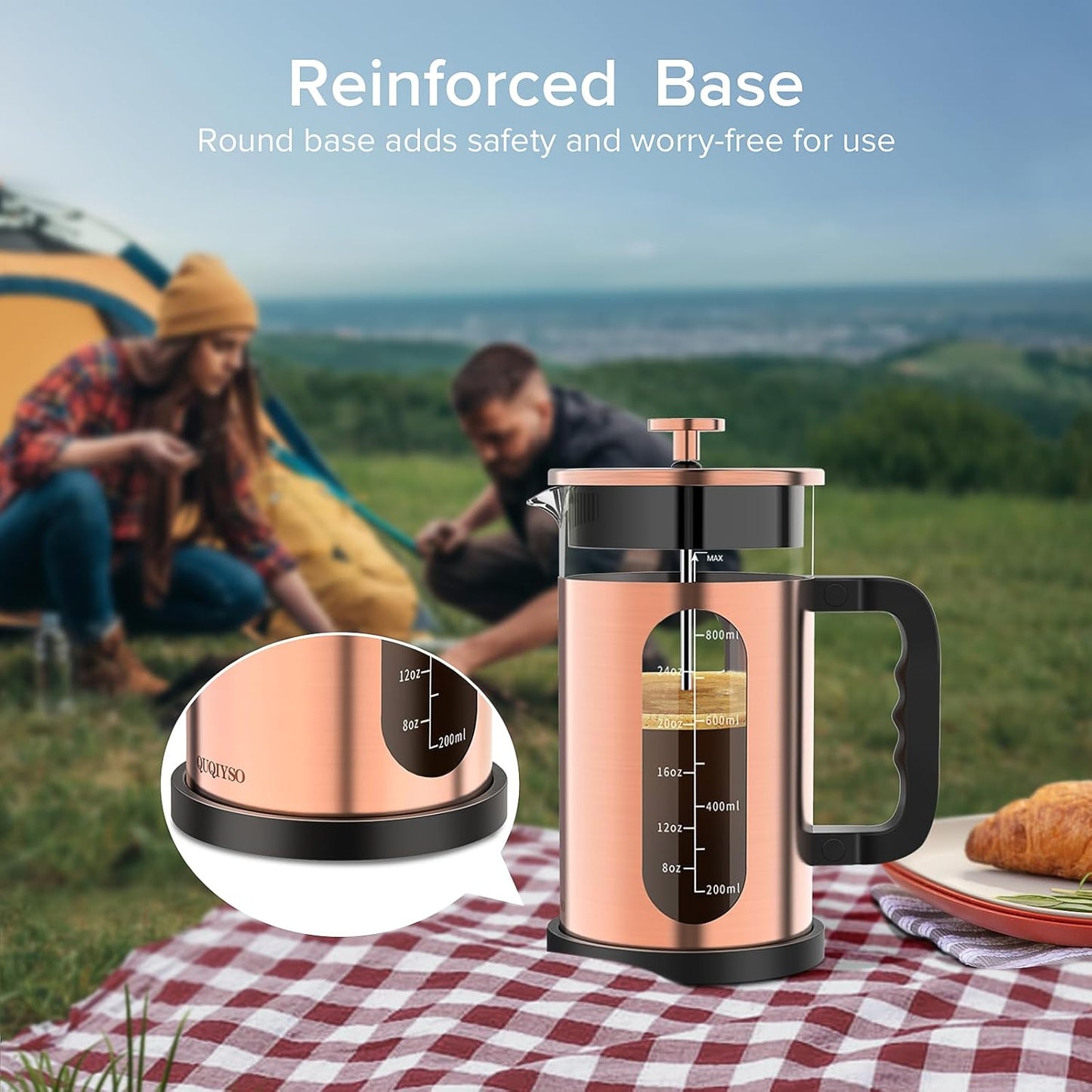 QUQIYSO French Press Coffee Maker, 304 Stainless Steel French Press with 4 Filter, Heat Resistant Borosilicate Glass, Easy to Clean, BPA Free Coffee Press Rust-Free Coffee Maker, 34 ounce, Copper