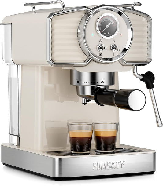 Espresso Machine 20 Bar, Professional Espresso Maker with Milk Frother Steamer Wand, Espresso Coffee Machine Off-white, Cappuccino & Latte Machine for Home, Retro, 1.8L Removable Water Tank