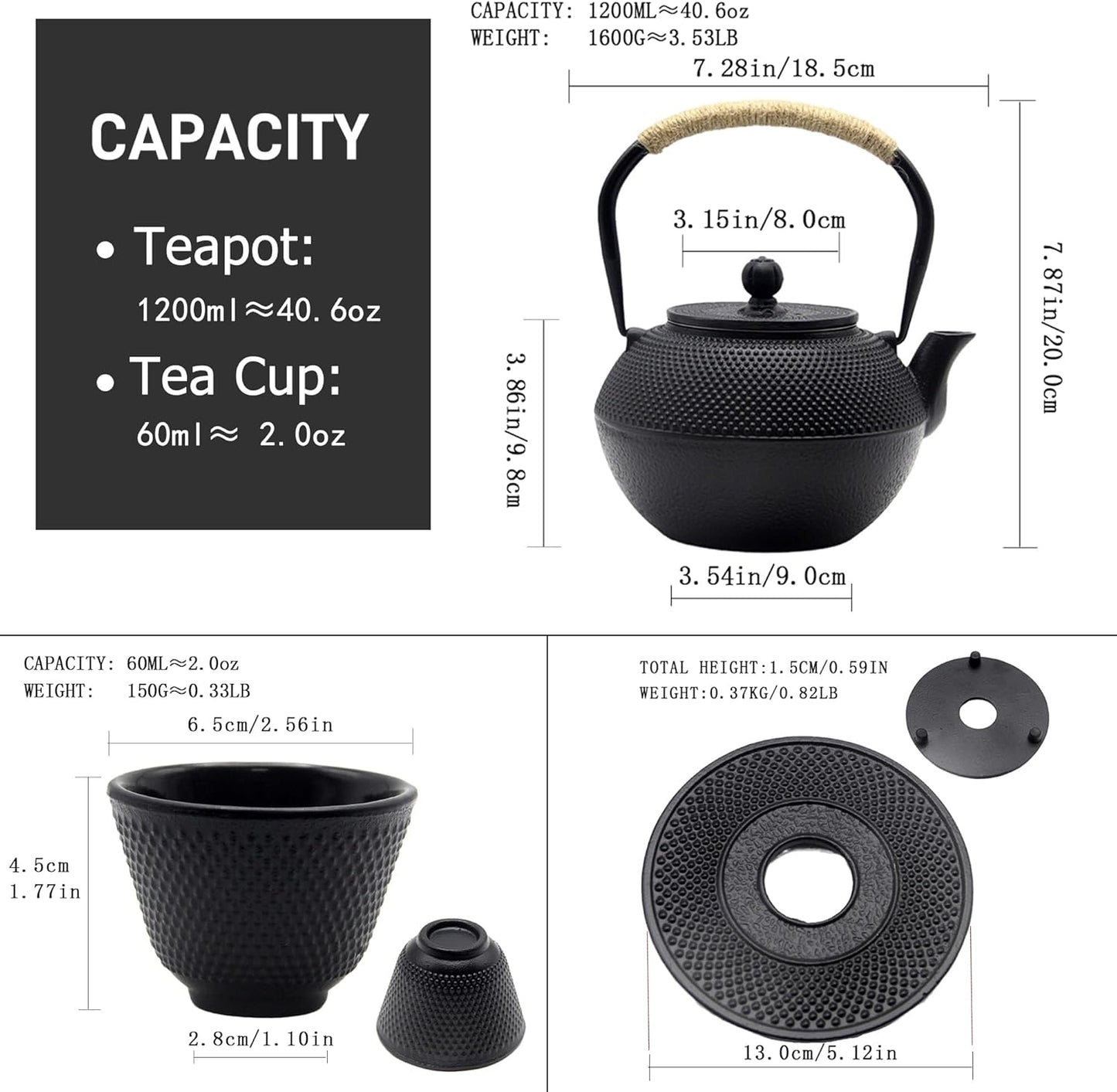 YJX Cast Iron Tea Pot Set, Japanese Tetsubin, 40.6oz Tea Kettle for Stovetop, Black Teapot with Stainless Steel Infuser for Loose Leaf Tea, 1200ml Small Asian Tea Set with Teacups