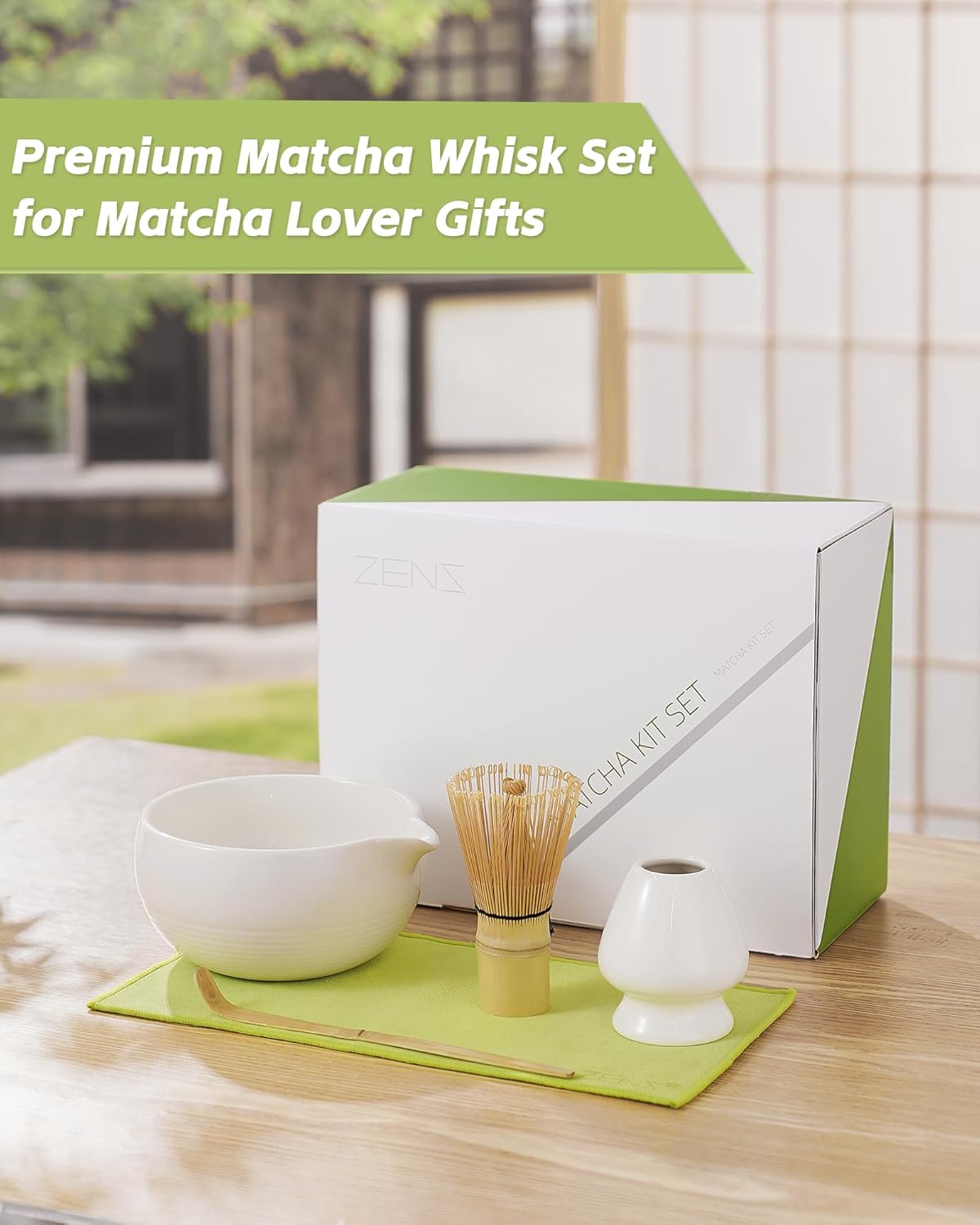 ZENS Matcha Whisk Set, 15oz Ceramic Matcha Bowl with Spout and Bamboo Whisk, Whisk Holder (Chasen), Scoop & Tea Towel, 5pcs Matcha Tea Kit Gift for Matcha Lovers, White
