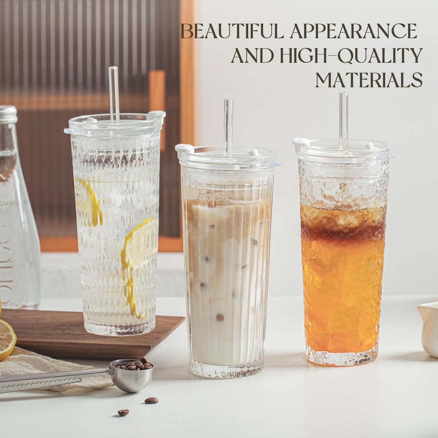 KEMORELA 18oz Glass Tumbler Set of 2 with Straw and Lid – Durable, Leak-Proof, Wide-Mouth Design – Perfect for Iced Beverages, Smoothies, and Daily Hydration Needs