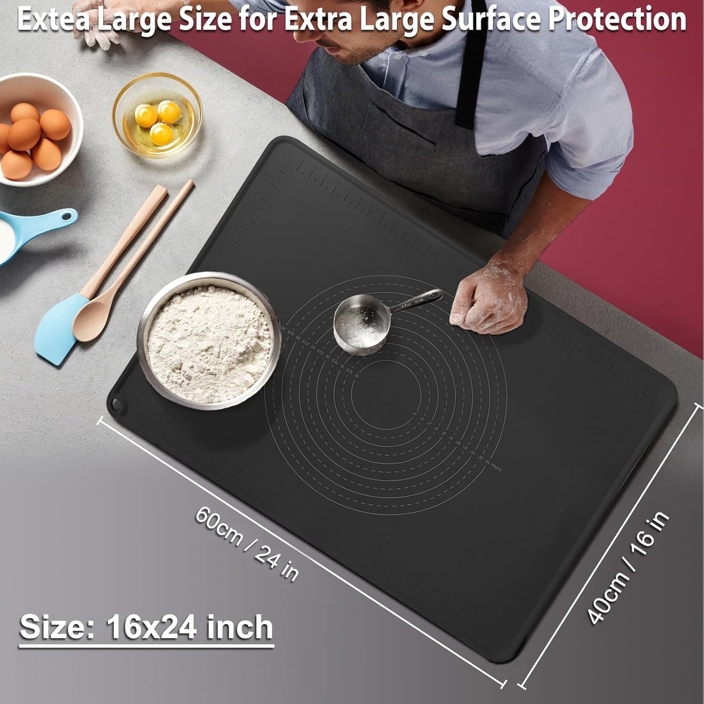 24"X16" Silicone Baking Mat Extra Large Non-stick Pastry Mat with High Edge, Dough Rolling Board for Pastry, Macarons, Pies, Bread, Cookies, Pizza, Fondant, Pasta, Food Grade Silicone Baking Supplies