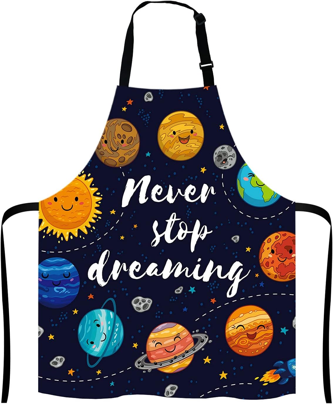 Never Stop Dreaming, motivational Quote, Outer Space Apron, Cute Planets and Star Cluster Solar System Moon and Comets Sun Cosmos