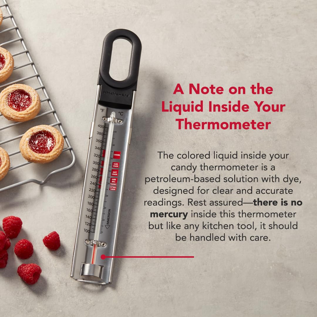 KitchenAid KQ907 Curved Stainless Steel Paddle Style Candy and Deep Fry Thermometer with pan clip, TEMPERATURE RANGE: 100F to 400F, Black