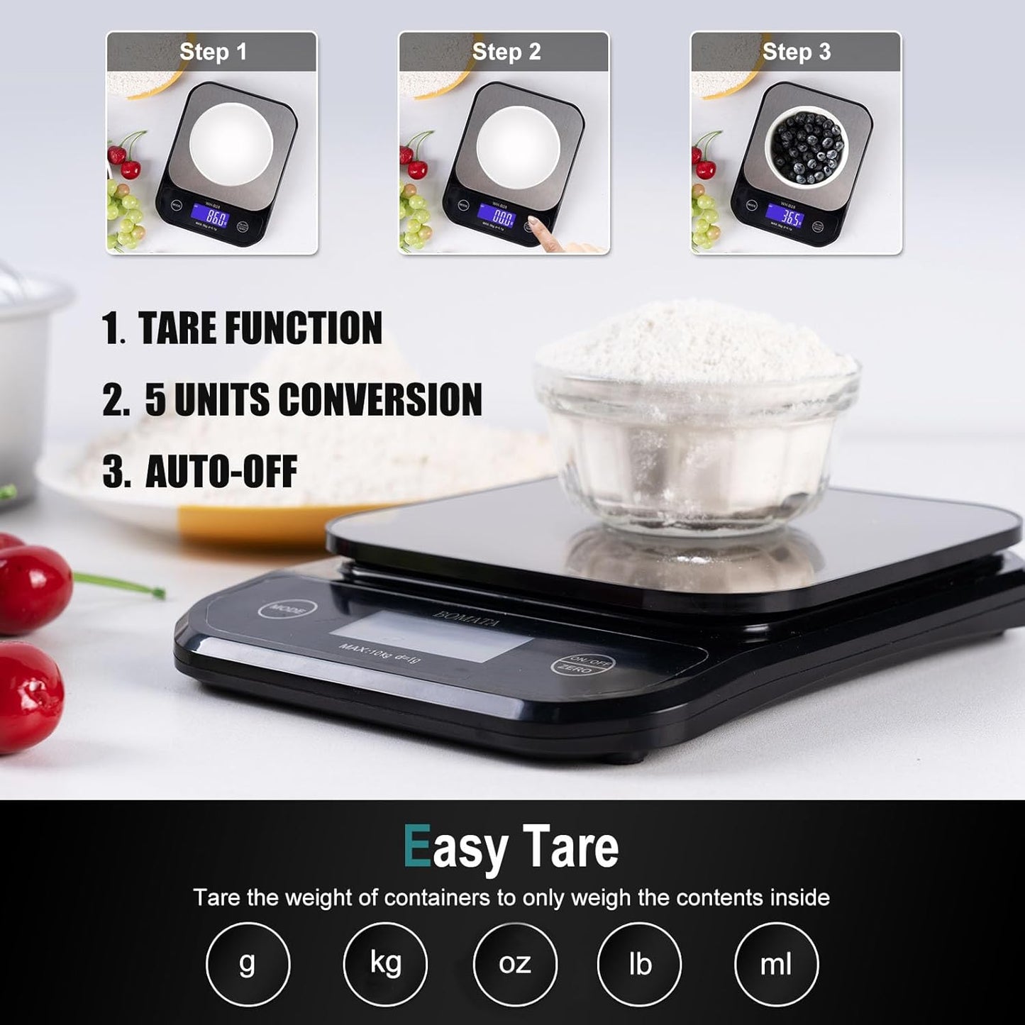 BOMATA IPX7 Waterproof Food Scale, 22lb/10kg, USB Rechargeable, Submersible, Ounces and Grams for Cooking Baking Weight Loss, 0.05oz/1g Precise Graduation, Wide Viewing Angle LCD, Stainless Steel