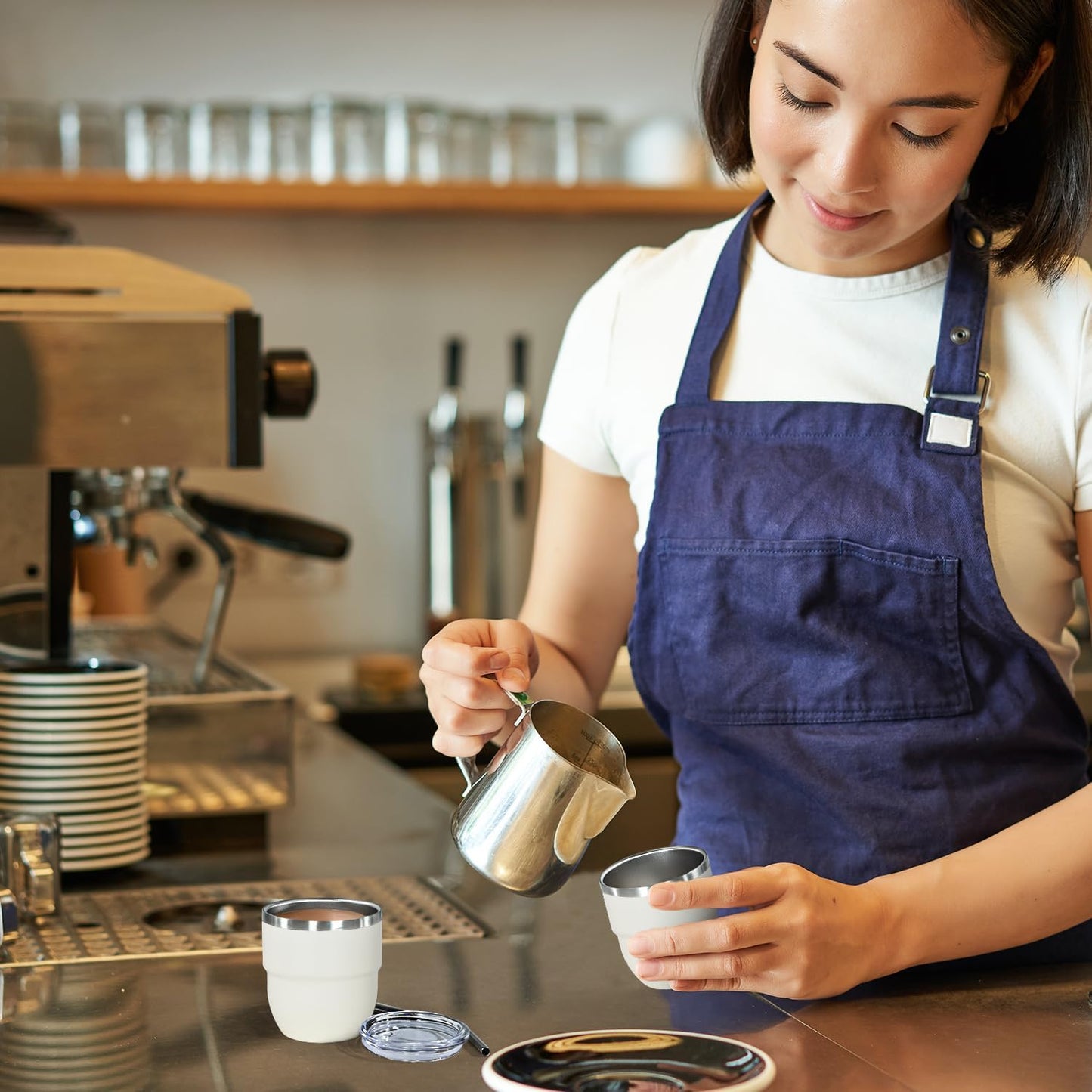 4oz Stackable Cup, Vacuum Insulated Espresso Cup Set of 6, Espresso Shot Glass for Coffee, Double Wall Stainless Steel Mini Tumbler Shot Glasses with Straw and Lid (A-white6P, 4oz)