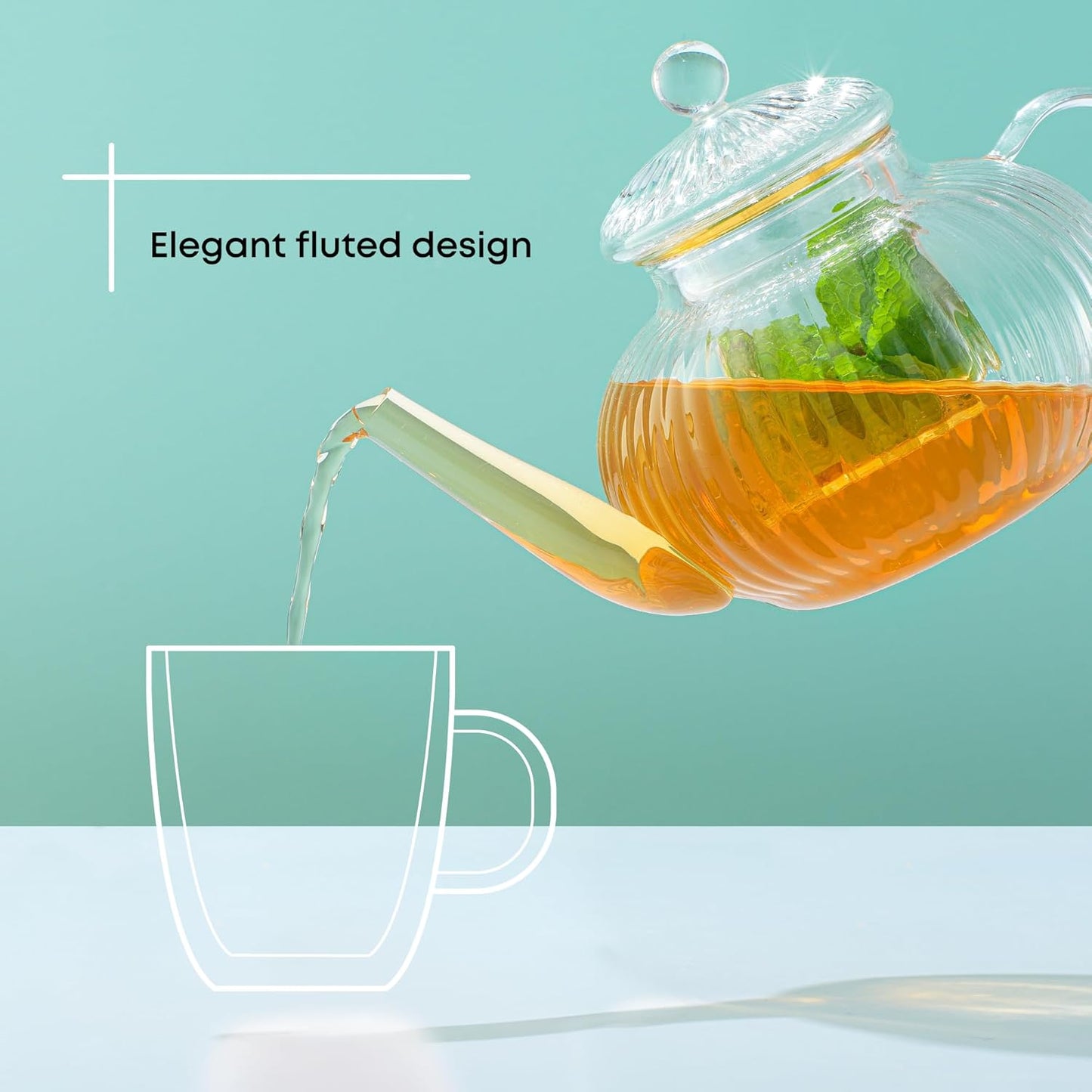 JoyJolt Fluted Glass Teapot Set 34oz, Stovetop Safe Tea Kettle, Borosilicate Clear Kettle with Removable Glass Infuser, Blooming and Loose Leaf Tea Maker and Brewer