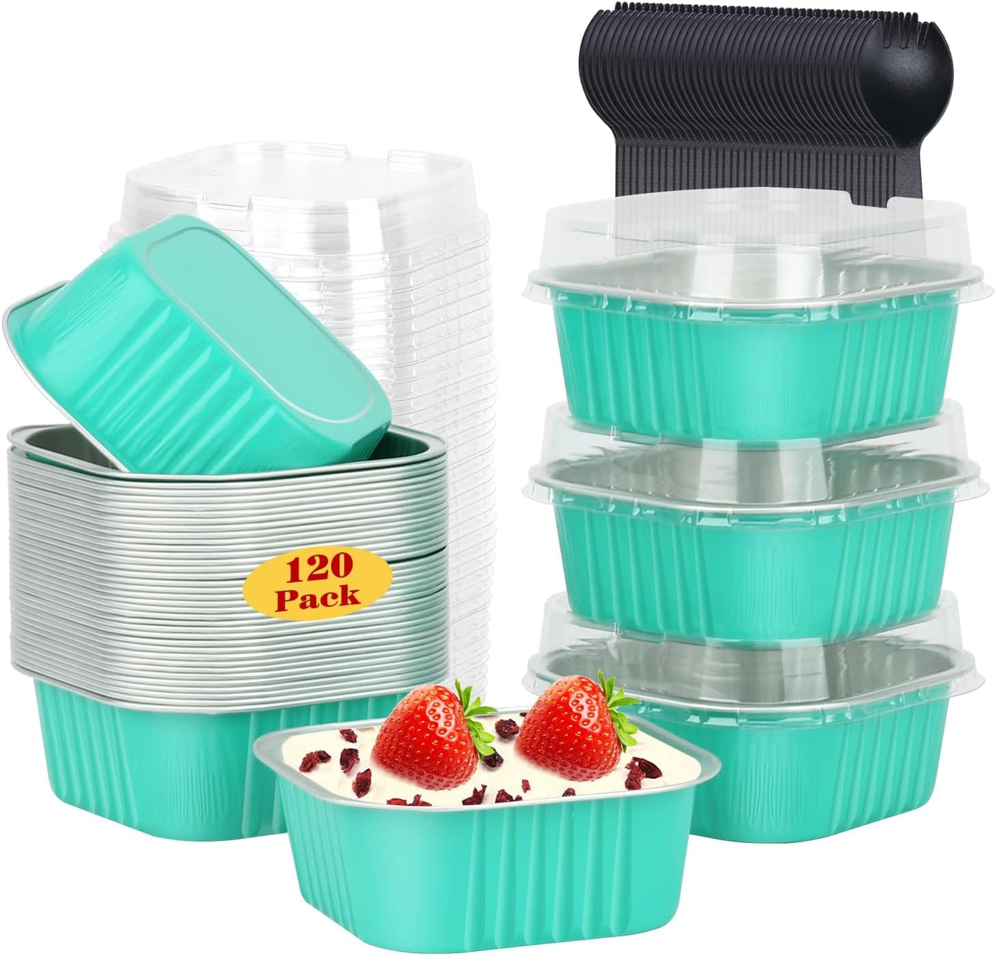 LNYZQUS 120pack/10oz Foil Mini Cake Tins with Lids 4”X4” Small Cake Baking Pans Cupcake Containers,Disposable Ramekins Mini Aluminum Brownie Pan Large Muffin Cups Holders-Cyan Blue