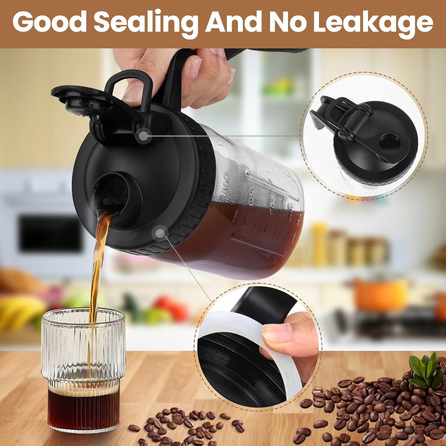 Cold Brew Coffee Maker,32 Oz Mason Jar Pitcher with Stainless Steel Filter, Pour Spout Handle Lid, Heavy Duty Glass Airtight & Leak-Proof Pitcher for iced coffee Tea Lemonade-Black