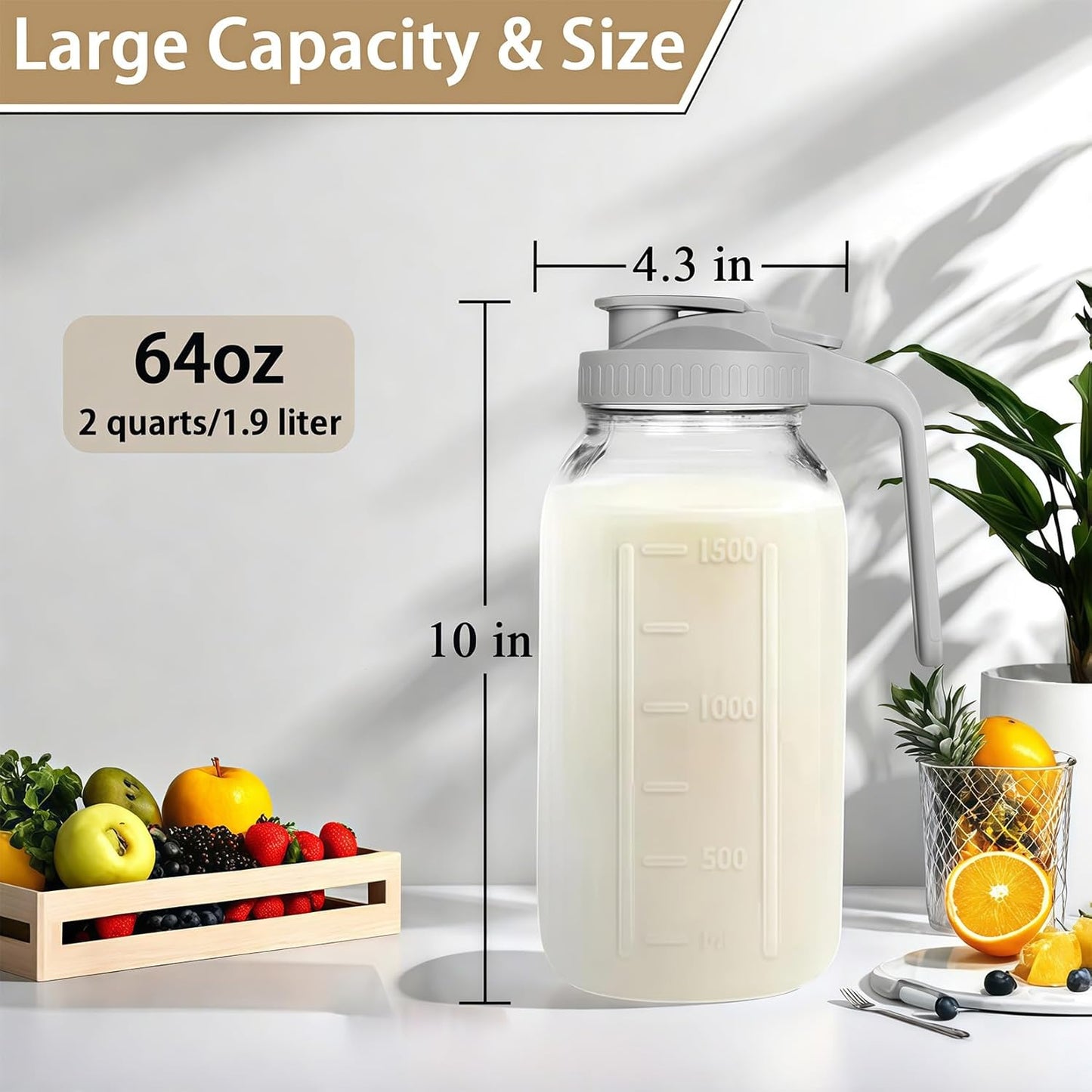 64oz Glass Pitcher with Handle and Lid, 2 Quart Mason Jar Pitcher - Airtight & Leakproof Water Jug with Pour Spout Lid, Glass Containers for Fridge, Perfect for Juice, Cold Brew, Iced & Sun Tea