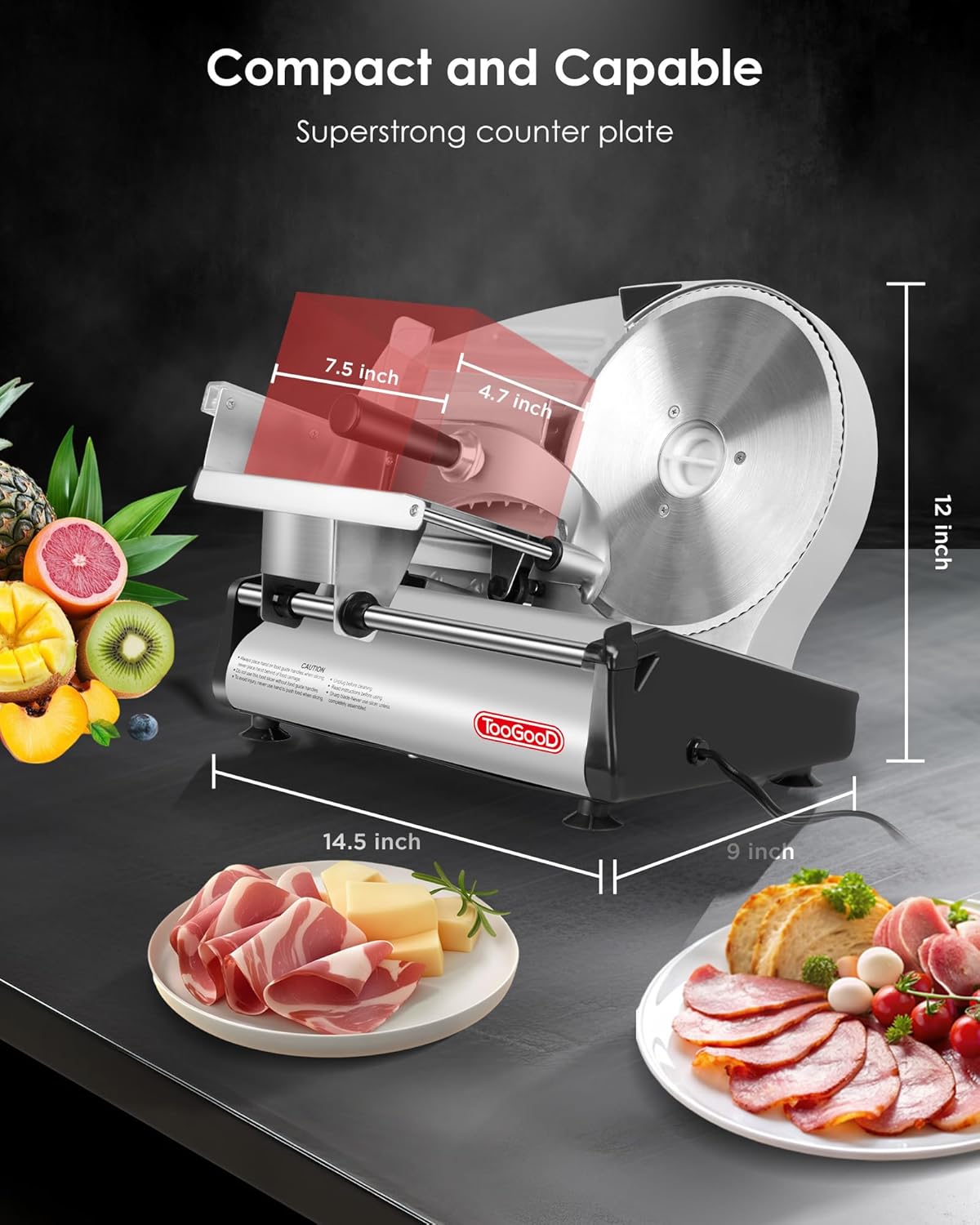 TOOGOOD 8.7" Meat Slicer, Electric Meat Slicer Machine with Removable Stainless Steel Blade, Deli Food Slicer for Home Use, Slicing Frozen Meat,Hard Cheese, Ham and Deli, Silver